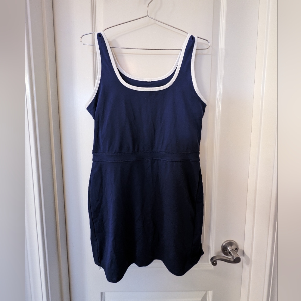 Fabletics Built in shorts tennis dress Navy Blue with White Trim